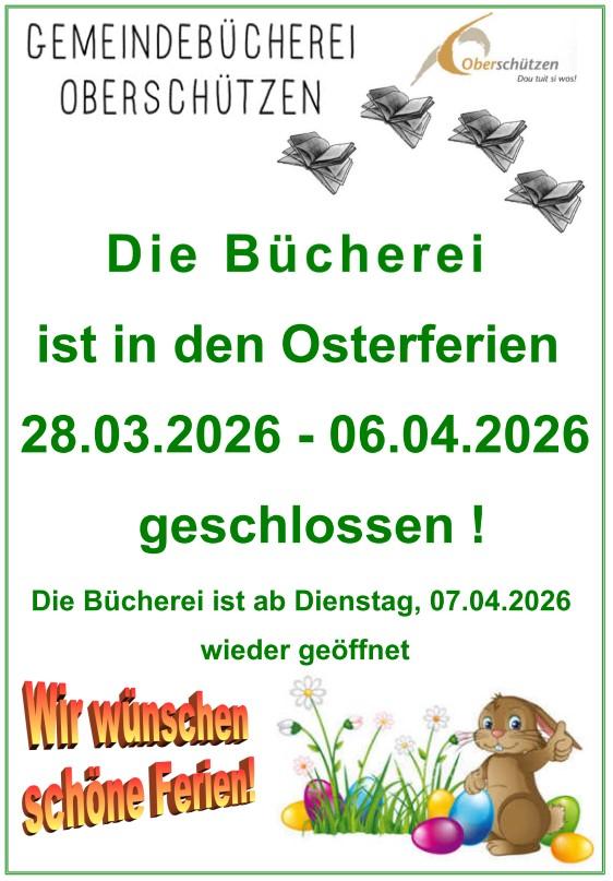 Bücherei geschlossen Osterferien 28.03.2026-06.04.2026 